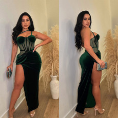 Solid Color Mesh Sling Split Maxi Dress BY-6732