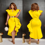 Fashion Solid Color Ruffle Irregular Dress(With Waist Belt) BY-6740