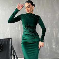 Solid Color Slim Pleated Long Sleeve Midi Dress BLG-D3B14885A