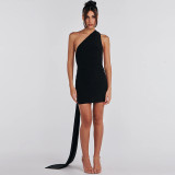 Sexy Backless Pleated Single Shoulder Mini Dress  BLG-D3512946A