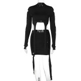 Fashion Holes Long Sleeve Tops And Skirts 2 Piece Set BLG-S279437A