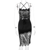 Sexy Tie Up Splicing Lace Backless Midi Dress BLG-D0C4227A