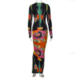 Fashion Print O Neck Long Sleeve Maxi Dress BLG-D289952A