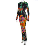 Fashion Print O Neck Long Sleeve Maxi Dress BLG-D289952A