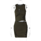 Solid Color Hollow Out Sleeveless Two Piece Skirt Set BLG-S3211721K