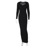 Long Sleeve U Neck Slim Maxi Dress BLG-D1B7161A