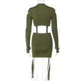 Fashion Holes Long Sleeve Tops And Skirts 2 Piece Set BLG-S279437A