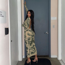 Fashion Backless Long Sleeve Print Midi Dress BLG-D144890K