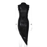Solid Color Sleeveless Pleated Irregular Dress BLG-D2B11149K