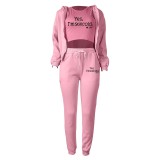 Fleece Sweatshirt Hooded Letter Print Three Piece Pants Set TK-6310