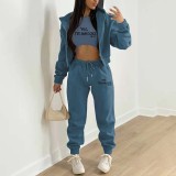 Fleece Sweatshirt Hooded Letter Print Three Piece Pants Set TK-6310