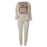 Fleece Sweatshirt Hooded Letter Print Three Piece Pants Set TK-6310