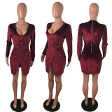 Long Sleeve Hot Drill V Neck Mini Dress LX-9920