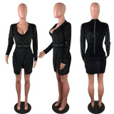 Long Sleeve Hot Drill V Neck Mini Dress LX-9920