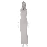 Solid Sleeveless Hooded Split Maxi Dress BLG-D3312010A