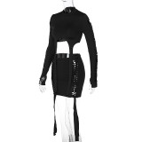 Fashion Holes Long Sleeve Tops And Skirts 2 Piece Set BLG-S279437A