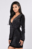 Long Sleeve Hot Drill V Neck Mini Dress LX-9920