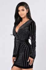 Long Sleeve Hot Drill V Neck Mini Dress LX-9920