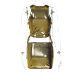 Hollow Out Tie Up Tank Tops And Skirt 2 Piece Set BLG-S2C11405A