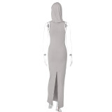 Solid Sleeveless Hooded Split Maxi Dress BLG-D3312010A