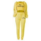 Fleece Sweatshirt Hooded Letter Print Three Piece Pants Set TK-6310
