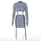 Fashion Holes Long Sleeve Tops And Skirts 2 Piece Set BLG-S279437A