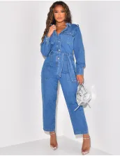 Fashion Denim Tie Up Wide Leg Jumpsuit LX-6972
