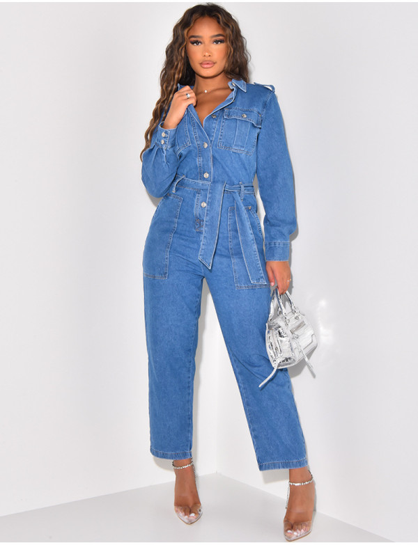 Fashion Denim Tie Up Wide Leg Jumpsuit LX-6972
