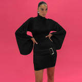 Solid Slim Fit Metal Button Mini Dress BLG-D3A14438A