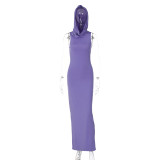 Solid Sleeveless Hooded Split Maxi Dress BLG-D3312010A