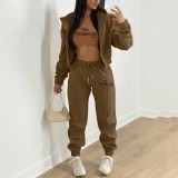 Fleece Sweatshirt Hooded Letter Print Three Piece Pants Set TK-6310