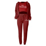 Fleece Sweatshirt Hooded Letter Print Three Piece Pants Set TK-6310