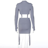 Fashion Holes Long Sleeve Tops And Skirts 2 Piece Set BLG-S279437A