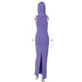 Solid Sleeveless Hooded Split Maxi Dress BLG-D3312010A