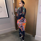 Fashion Print O Neck Long Sleeve Maxi Dress BLG-D289952A