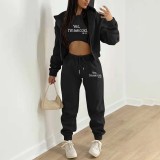 Fleece Sweatshirt Hooded Letter Print Three Piece Pants Set TK-6310