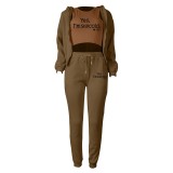 Fleece Sweatshirt Hooded Letter Print Three Piece Pants Set TK-6310
