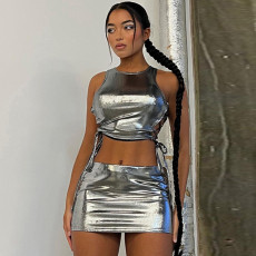 Hollow Out Tie Up Tank Tops And Skirt 2 Piece Set BLG-S2C11405A