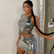 Hollow Out Tie Up Tank Tops And Skirt 2 Piece Set BLG-S2C11405A