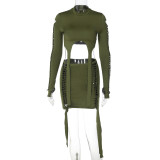 Fashion Holes Long Sleeve Tops And Skirts 2 Piece Set BLG-S279437A
