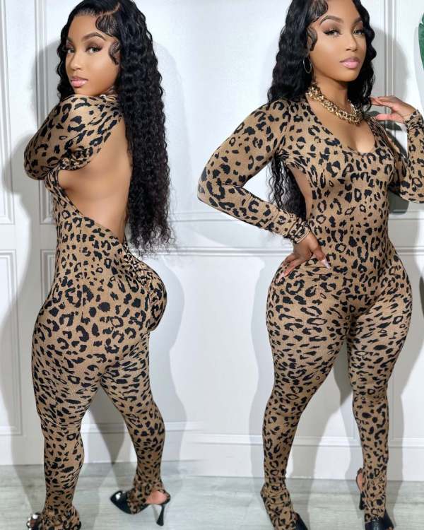 Leopard Print Backless Long Sleeve Jumpsuit OLYF-6139