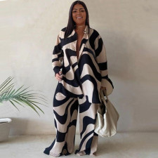 Plus Size Print Long Sleeve Shirt+Pants Two Piece Set NNWF-7953