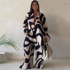 Plus Size Print Long Sleeve Shirt+Pants Two Piece Set NNWF-7953
