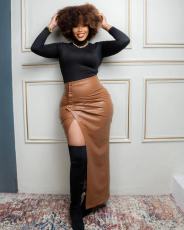 PU Leather Irregular High Split Half-body Skirt OD-8619
