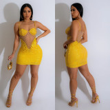 Solid Mesh Hot Drill Sling Mini Dress BY-6768