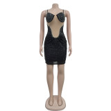 Solid Mesh Hot Drill Sling Mini Dress BY-6768