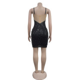Solid Mesh Hot Drill Sling Mini Dress BY-6768