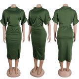 Solid Color Short Sleeve Split Midi Dress NY-10663