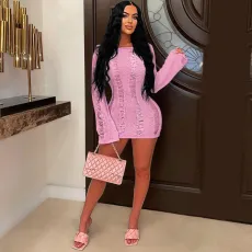 Solid Color Long Sleeve Hollow Out Mini Dress ME-8334