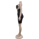 Solid Mesh Hot Drill Sling Mini Dress BY-6768
